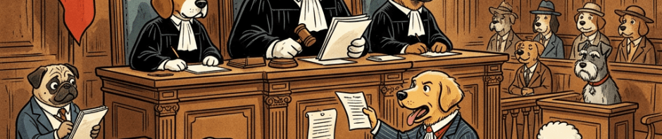 Dog characters dressed as judges, lawyers, and spectators in a Swiss-style courtroom setting