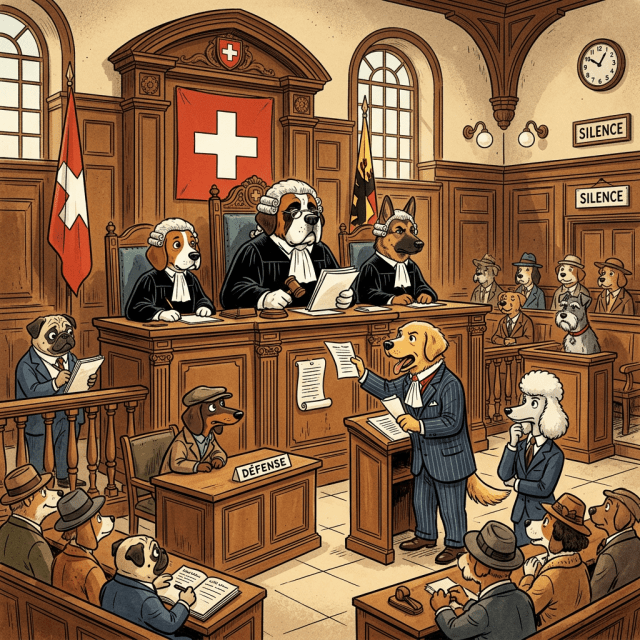 Dog characters dressed as judges, lawyers, and spectators in a Swiss-style courtroom setting