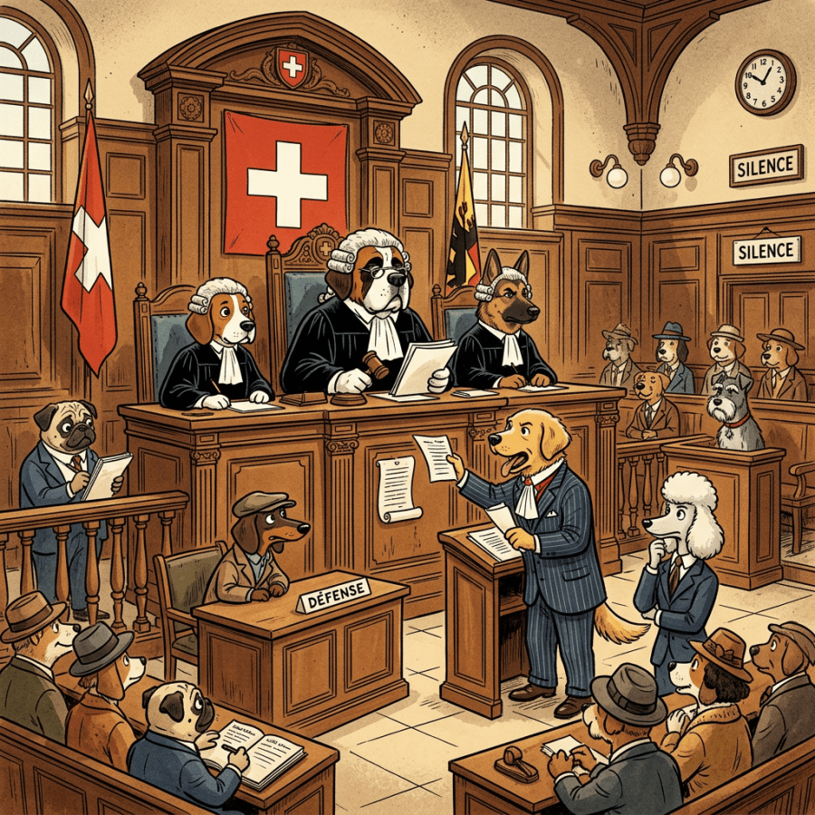 Dog characters dressed as judges, lawyers, and spectators in a Swiss-style courtroom setting