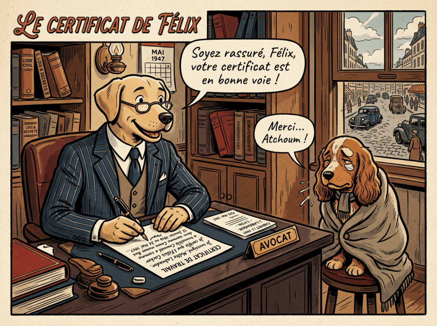 A dog in a suit writing a certificate at a desk talks to a sick dog wrapped in a blanket